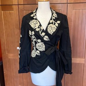 Johnny Was Joystick black with ivory embroidered hops wrap jacket. Medium.